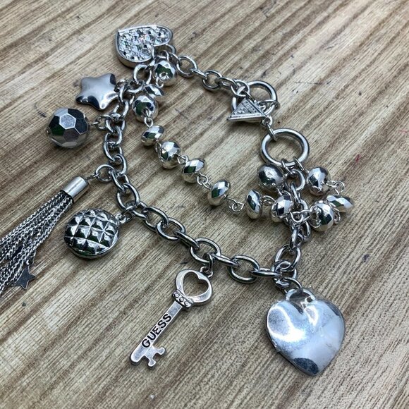 Guess Multi Strands Silver Tone Charms Toggle Bracelet - Picture 3 of 4
